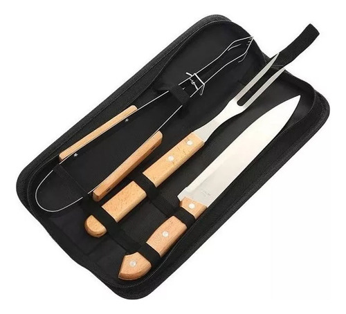  Kit Asador Parrilla 3 Pcs Cuchillo Tenedor Pinza Estuche 