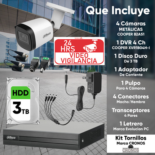 Kit Videovigilancia Cronos 4 Cámaras Dahua Metálicas Bala B2A51 5MP + Disco Duro 3tb + Baluns + Accesorios kit CCTV DH-KIT-MET5MP-PLUS3N (DVR dahua XVR1B04H-I Circuito cerrado)