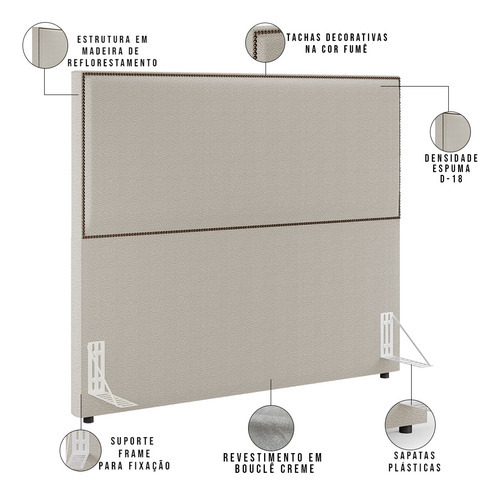 Cabeceira Box Casal Com Tachas 140 Cm Vicenza Bouclê Creme