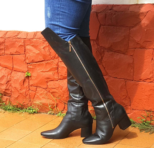 Imagem 3 de 4 de Bota D Couro Carrano Cano Longo Over Knee Salto Bloco 146503