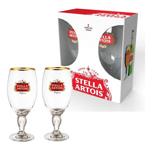 2 Copas De Cerveza Stella Artois Borde Dorado 330 Ml En Caja