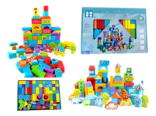 Bloques Madera Colores Construir Ciudad Zoo Infantil 100 Pz