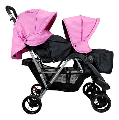 Carriola Gemelar Para Bebe Ruedas Con Freno Plegable Reclina Color Rosa Chasis Gris