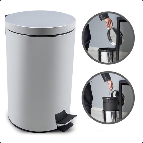 Lixeira Cesto Lixo 12l Inox Pedal E Balde Cozinha Banheiro Cor Cinza