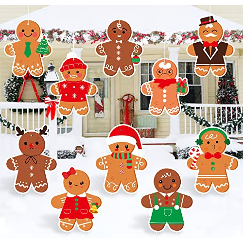 10pcs Christmas Gingerbread Man Yard Sign Hanging Ornam...
