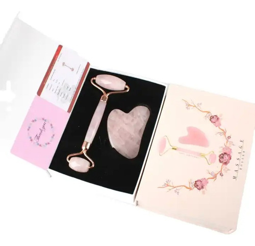 Masajeador Rodillo Jade Cuarzo Rosa + Gua Sha ,100 % Origin.