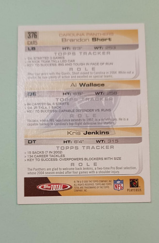 2005 Topps Total 376 Brandon Short/ Al Wallace/ Kris Jenkins (Usado)