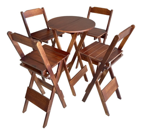 Mesa Bistro Dobravel Alta Madeira Maciça 4 Banquetas Altas Cor Imbuia