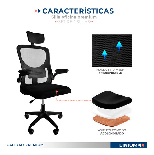 Silla Oficina Escritorio Linium Ergo Premium Ejecutiva 4 Pcs Color Negro Material Del Tapizado Malla