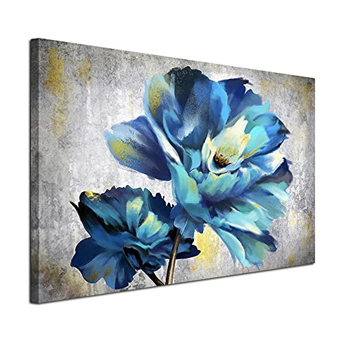Arte De Pared De Flores Azules, Teal Y Oro, Pintura De ...