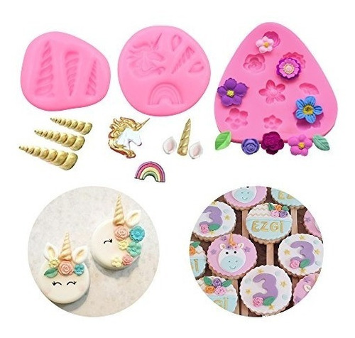 Mini Unicornio Molde Cuerno Orejas Flores Toppers Fondant Ca