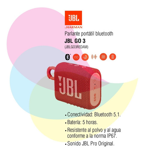 Imagen 2 de 9 de Parlante Jbl Go 3 Jblgo3redam Rojo Cuotas