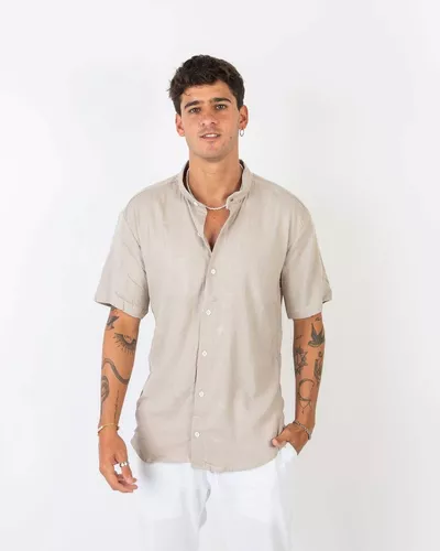 Camisa-Hombre Cuello Mao Lino Manga Corta