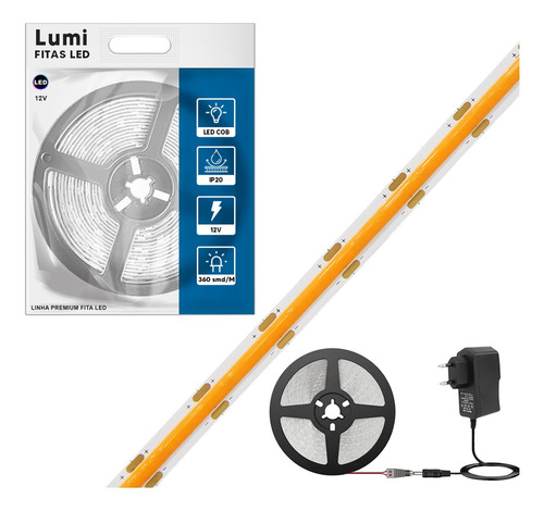 Luminario De Fita Micro Led Cob 5m 30w/m 12v Ip20 Super Brilho Ambar Com Fonte Alimentaçao