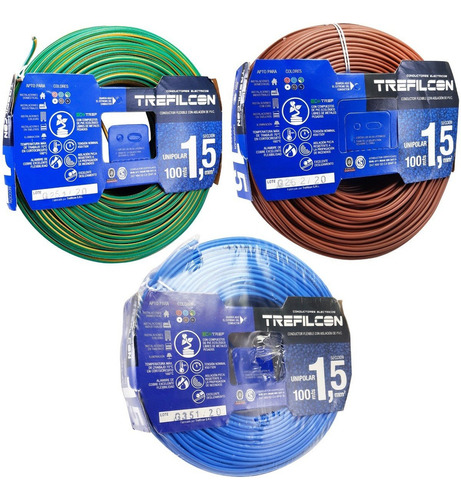 Cable Unipolar 1,5mm Trefilcon Normalizado Rollos Pack X3 Color De La Cubierta Verde/amarillo + Marrón + Celeste