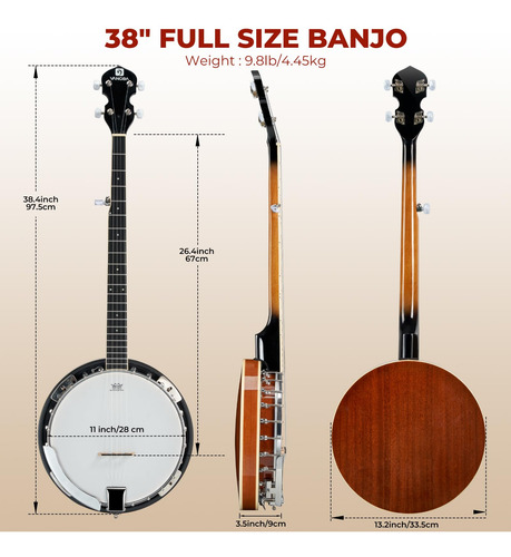 Banjo Vangoa Vbj-50 De 5 Cuerdas De Tamaño Completo Con Kit