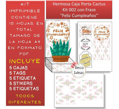 Imagen 4 de 4 de Kit Imprimible Caja Porta Maceta 02 Frase Feliz Cumpleaños
