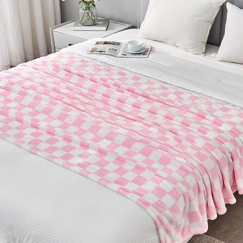 Manta Rosa A Cuadros Suave Para Sofa Cama Blanco Calida