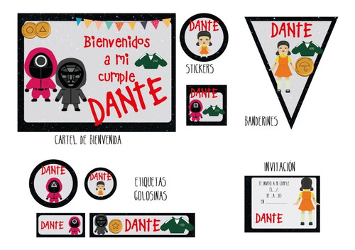 Juego Del Calamar Cumpleaños Cartel Banderines Stickers Deco