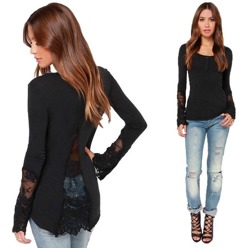 Casual Mujeres Blusa Puntadas Encaje Malla De Empalme T - Ca