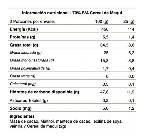 Imagen 2 de 2 de Chocolate Negro 70% Cacao Sin Azúcar Maqui