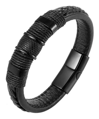 Pulsera Negra Para Hombre En Cuero Y Acero Inixidable