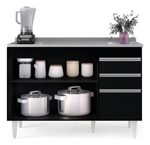 Armário Cozinha De Canto Esquerdo 4 Pçs Cp48 C/ Pia Inox Pto Cor Preto