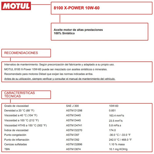 Aceite Motor 10w60 8100 X-power 100% Sintetico 2lt Motul