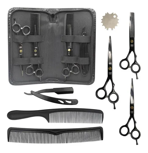 Kit Barbeiro Cabeleireiro Pente Navalhete Tesouras Aço Inox Cor P...