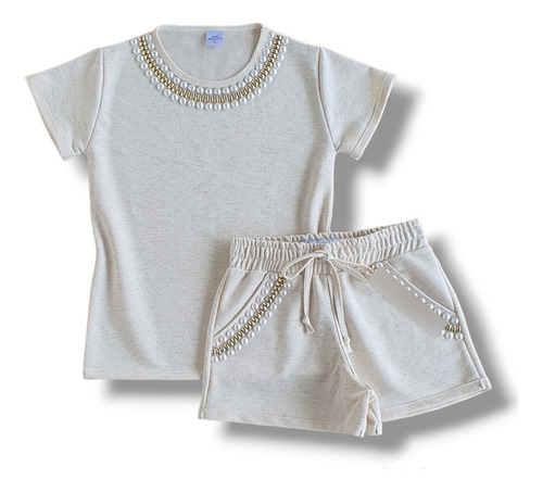 Conjunto Moletom Linho Bordado Blusinha Shorts Moda Feminina