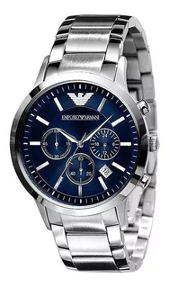 Reloj de pulsera Emporio Armani AR2448 de cuerpo color plateado, analógico, para hombre, fondo azul, con correa de acero inoxidable color plateado, agujas color plateado, dial plateado, subesferas col