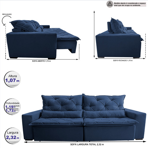 Sofá Lisboa 2,32m Retrátil, Reclinável com Molas no Assento Tecido Suede Velusoft Azul - Cama InBox