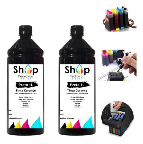 2 L Tinta Compatível Epson Hp Canon Ecotank Black Preto Ink.