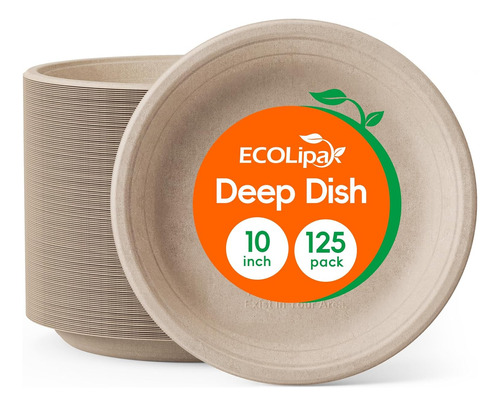 125 Pack Paper Plates 10 Inch Deep Dish 100% Compostable Pla