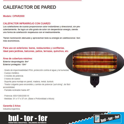 Imagen 2 de 9 de Calefactor De Pared Infrarrojo Con Cuarzo Liliana Cipar2000