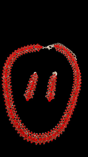 Collar Y Aros Colgante En Piedras Rojas Para Brillar Rojo