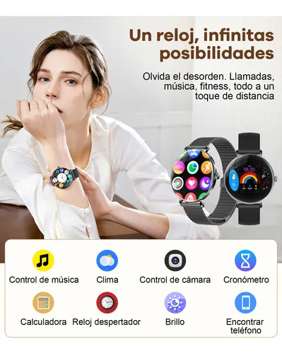 Reloj Inteligente Mujer,pantalla Hd 1.43'' Con Llamada Bluetooth Para iPhone Andriod (incluye Dos Correas)fv17-c Negro