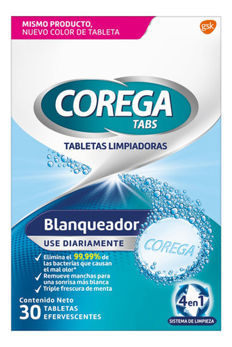 Corega Tabs Blanqueador Tabletas Limpiadoras Efervescentes 30 Unidades