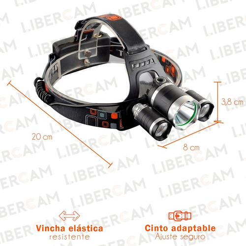 Imagen 5 de 10 de Linterna Minero Led Cabeza Vincha 3 Led Batería Recargable