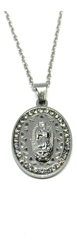 Collar Medalla Virgen Guadalupe Oval Acero Plateado Piedra 2
