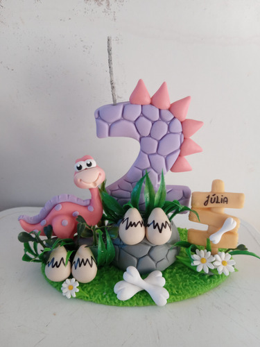 Dinossauro Vela Personalizada Menina Topo De Bolo Biscuit