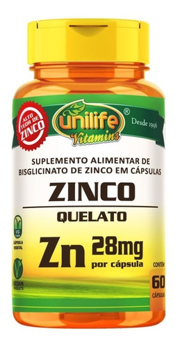 Imagem 1 de 3 de Zinco Quelato Zn 500mg - 60 Cápsulas - Unilife Vitamins