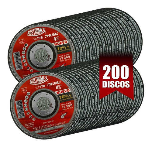 Discos De Corte Austromex 778 Para Metal 4-1/2 PuLG 200 Pzs