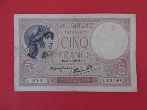 Billete Banco De Francia 5 Francos Año 1939 Muy Escaso