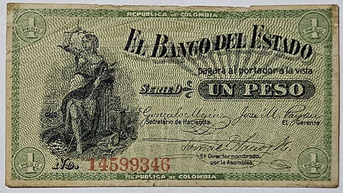 Billete 1 Peso 01/oct/1900 Banco Del Estado Colombia F-vf