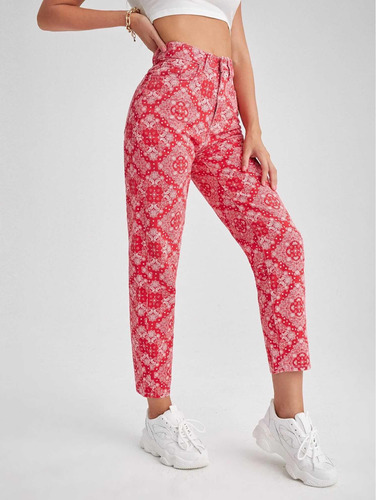 Pantalón Rojo  Diseño De Pañuelo Paisley (talla S).   Shein