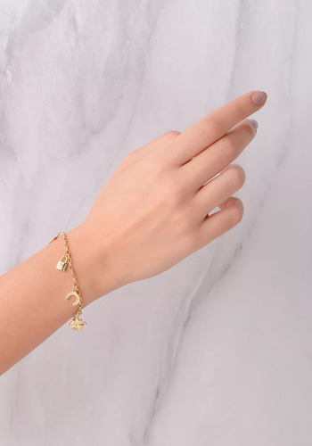 Pulsera Nice Bañada En Oro 18 Kilates Corazón Candado Herradura Trébol Y Mano Mística