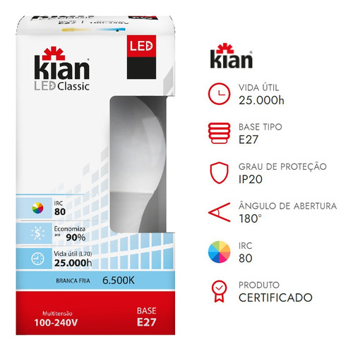 Kit 3 Lampada Led Bulbo E27 12w 6500k Kian Bivolt Inmetro