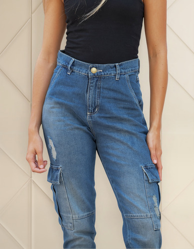 Pantalón Mujer Anyver Jeans Denim Jogger Cargo Rígido