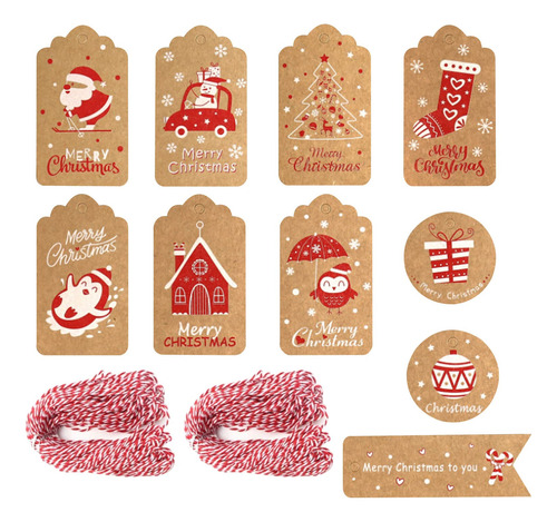 Etiqueta Regalo Navidad 100 Papel Kraft Marron Cuerda Roja